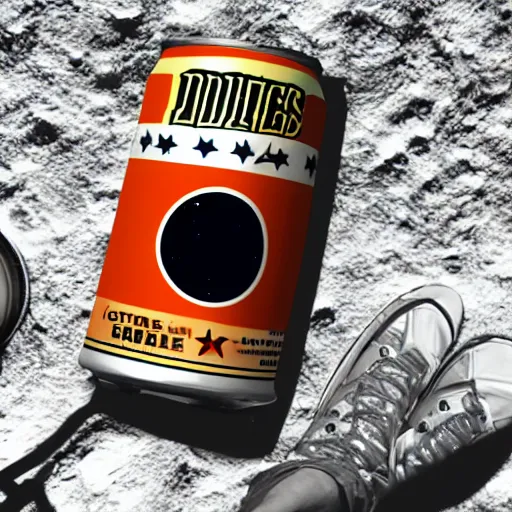 Prompt: photo of a detailed idle electric guitar and an detailed idle beer can next to one another on the moon surface. realistic. detailed