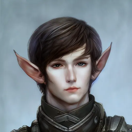 Prompt: portrait of an elf by ayami kojima, he is about 2 0 years old, russian, manly, short brown hair, slender and tall, friendly and smart, he is wearing a modern tactical gear, scifi, highly detailed portrait, digital painting, artstation, concept art, smooth, sharp foccus ilustration, artstation hq