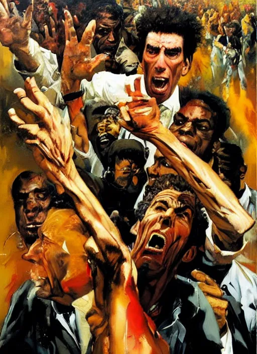 Prompt: kramer!! michael richards holding microphone in the middle of a horde of african americans, rioting, kramer torn apart painting by phil hale, 'action lines'!!!, graphic style, visible brushstrokes, motion blur, blurry