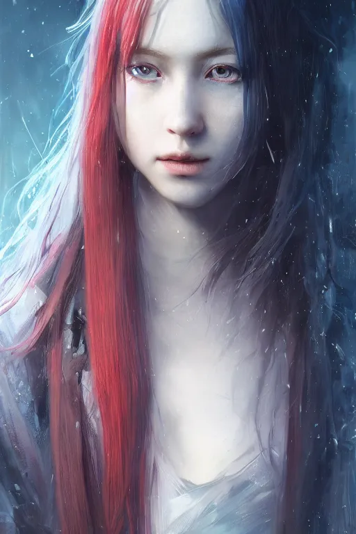 Prompt: a fancy portrait of a beautiful young girl with long blue hair and red eyes by greg rutkowski, sung choi, mitchell mohrhauser, maciej kuciara, johnson ting, maxim verehin, peter konig, bloodborne, 8 k photorealistic, cinematic lighting, hd, high details, dramatic, dark atmosphere, trending on artstation