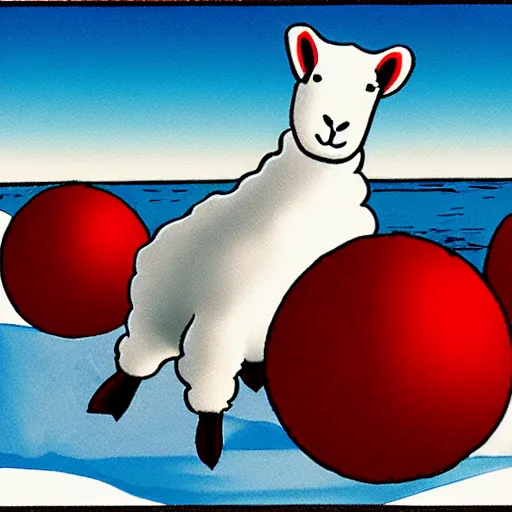 Image similar to cartoon drawing of a seal tossing a red ball with a white lamb in antarctica. the seal's head is sticking out above the water and the sheep is standing near the edge of ice