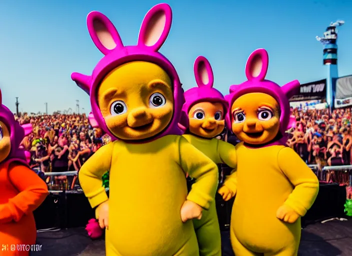 Prompt: photo still the teletubbies on stage at the vans warped tour!!!!!!!! at age 3 6 years old 3 6 years of age!!!!!!!! playing weird instruments, 8 k, 8 5 mm f 1. 8, studio lighting, rim light, right side key light