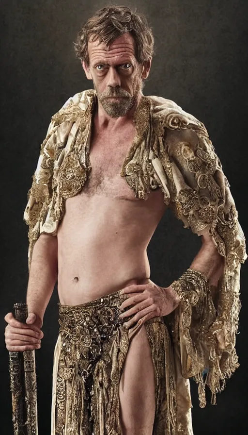 Image similar to hugh laurie as god of love, masculine, sweaty, intricate dressed in an ornate royal loin cloths and robe, and holding his love scepter, hero, intricate, highly - detailed,