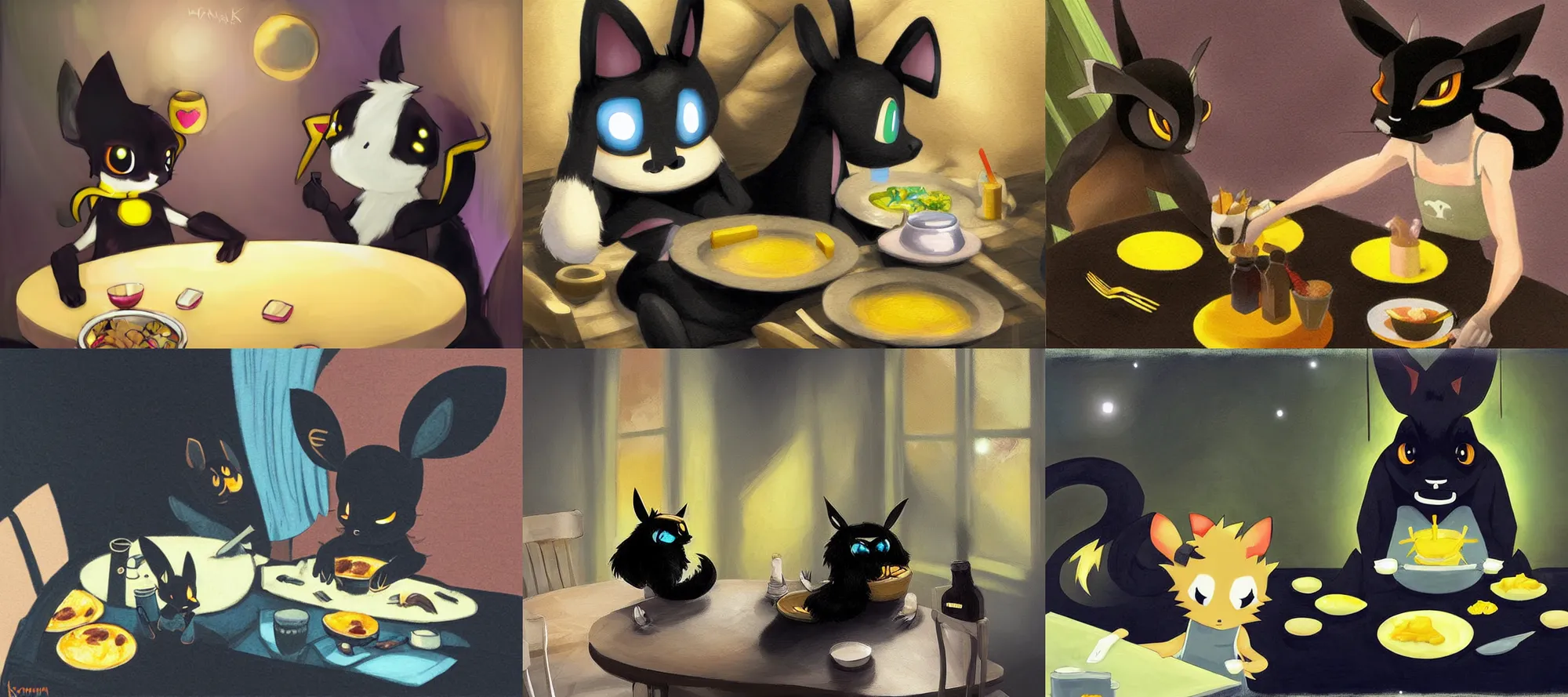 Prompt: umbreon wearing a tanktop eating dinner at a table in the backrooms happiness is temporary by kan liu ( 6 6 6 k 信 譞 )