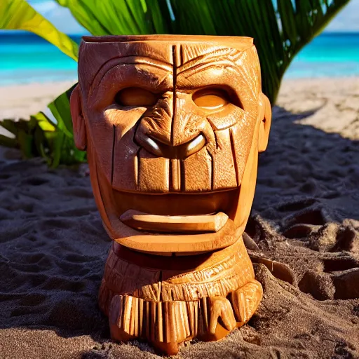 Image similar to a closeup photorealistic photograph of ben grimm's face on a tiki mug at trader vic's beach bar. fantastic four. tiki culture. bright scene. fine detail. this 4 k hd image is trending on artstation, featured on behance, well - rendered, extra crisp, features intricate detail, epic composition and the style of unreal engine.