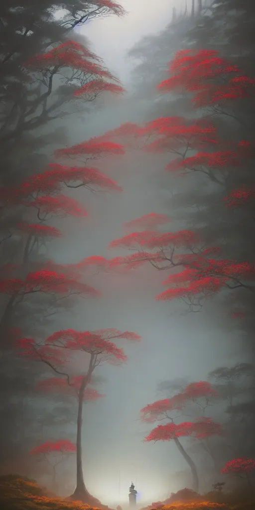 Image similar to foggy japanese shrine!!! a highly detailed cinematic oil painting by roger dean and alena aenami, dynamic lighting