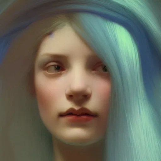 Image similar to a young woman's face, her hair is white and she wears an indigo blue satin cloak, by ivan aivazovsky and syd mead and moebius and gaston bussiere and roger dean and pieter claesz and paul delaroche and alma tadema and aelbert cuyp and jan heem, hyperrealistic, volumetric light, octane render