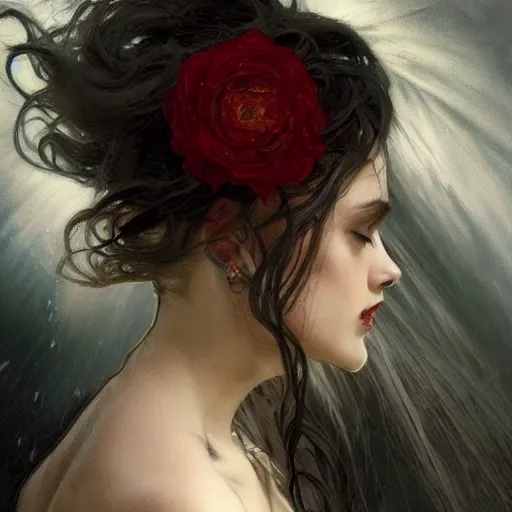 Image similar to portrait of a menacing beautiful vampire, head only, headshot, detailed and clear eyes and mouth, blinding white hair, roses scattered everywhere, by Stanley Artgerm Lau , greg rutkowski, thomas kindkade, alphonse mucha, loish, norman rockwell, J. C. Leyendecker. hair waving in the wind, pale skin, sinister complexion, thorn crown, image bordered by thorns, thorn background. D&D, fantasy. Trending on artstation rule of thirds extremely detailed render, octane hd 4k