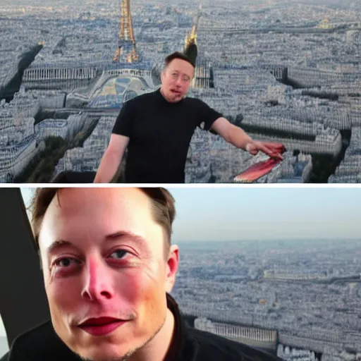 Image similar to selfie photo of Elon Musk drunk drunk drunk in the top of the Eiffel Tower of Paris, highly detailed skin and face