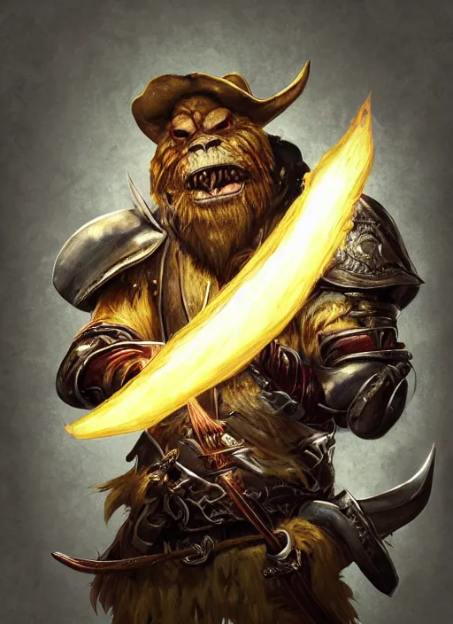 Image similar to photorealistic bugbear ranger holding sword on fire, magic, black beard, dungeons and dragons, pathfinder, roleplaying game art, hunters gear, jeweled ornate leather and steel armour, concept art, character design on white background, by sargent, norman rockwell, makoto shinkai, kim jung giu, artstation trending, poster art, colours red