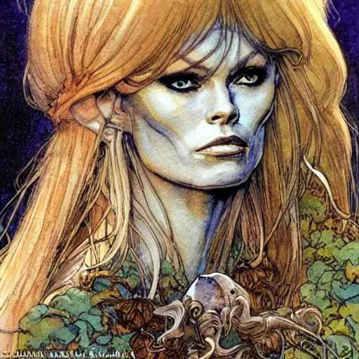 Image similar to a realistic and atmospheric watercolour fantasy character concept art portrait of brigitte bardot as a druidic warrior wizard looking at the camera with an intelligent gaze by rebecca guay, michael kaluta, charles vess and jean moebius giraud