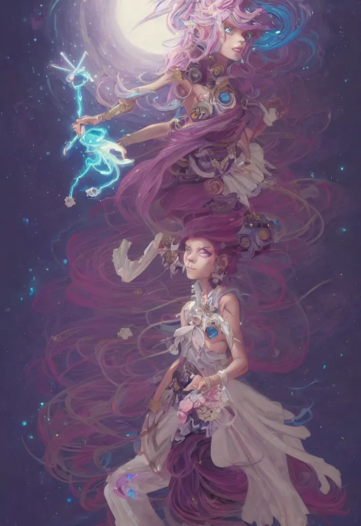 Image similar to full body picture of an maximalist dress magical girl, neat hair with bangs, smug face, extremely beautiful and aesthetic and detailed cute face and eyes, wipe out evils with cute astronaut familiar sprites, aming the magical beams to the camera, chiaroscuro, intricate, masterpiece, epic fantasy illustrations by peter mohrbacher and anato finnstark and jeremy lipking