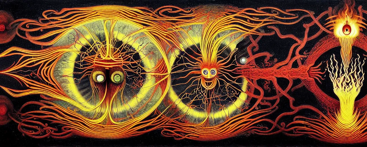 Image similar to a strange fire creature with endearing eyes radiates a unique canto'as above so below'while being ignited by the spirit of haeckel and robert fludd, breakthrough is iminent, glory be to the magic within, in honor of saturn, painted by ronny khalil