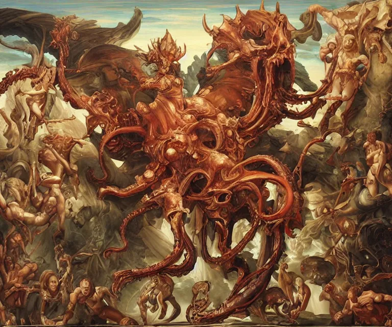 Image similar to elegant renaissance painting of rooster final boss bodybuilder vecna battle, art by alex ross and peter mohrbacher, epic biblical depiction, flesh and bones, fangs, teths and tentacles, corpses and shadows!