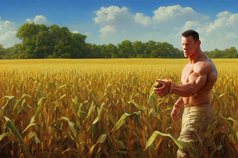 Image similar to john cena in a corn field, an oil painting by ross tran and thomas kincade