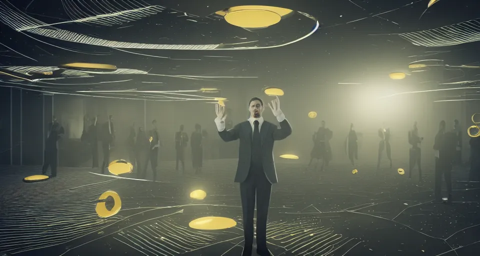 Prompt: Dramatic photo of a man in a suit waving to a large group of people in a futuristic office. Golden coins are levitating all around them. 8k, high detail, trending on Artstation, volumetric lighting, cyberpunk