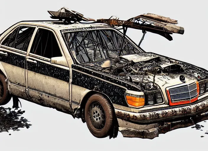 Image similar to burning wrecked mercedes 1 2 4, pixelart by kirokaze, award winning. dramatic. trending on artstation. very low quality, low resolution sync by honeybunny