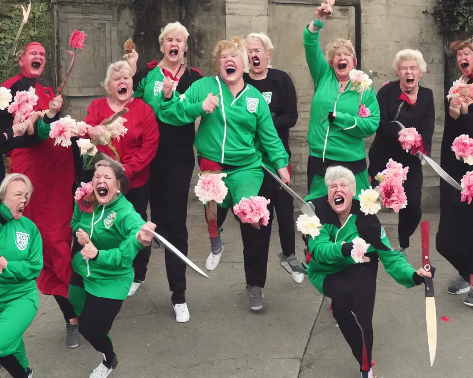 Prompt: a gang of old ladies waving large knives covered in blood, and carrying flowers, and wearing green Umbro track suits laughing maniacally and screaming