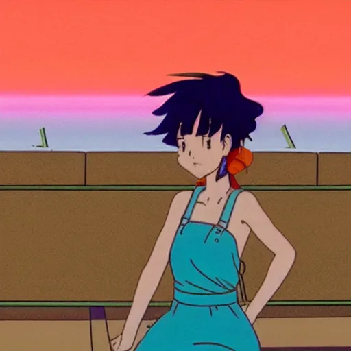 Prompt: woman watching a plane fly away in sunset, sprite, vaporwave nostalgia, directed by beat takeshi, visual novel cg, 8 0 s anime vibe, kimagure orange road, maison ikkoku, sketch by osamu tezuka, directed by makoto shinkai and beat takeshi