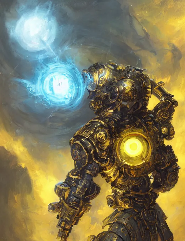 Prompt: full body, attack position abstract painting in lush fantasy environment of a ornate holy mechanical warforged with circular glowing eye, character in yellow armor holding a legendary paladin engraved holy great longsword and carrying a huge heavy paladin shield, vertically flat head, face in focus, epic, cinematic lighting, by Ross Tran, by Greg Rutkowski, by Christopher Balaskas