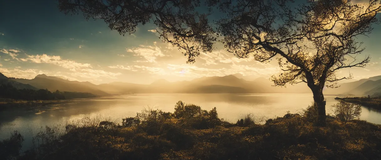 Prompt: Tree, mountains, river, landscape, photo, universe in the sky, cinematic lighting, 4k, wide angle, warm tones, Earth, wind, reflections