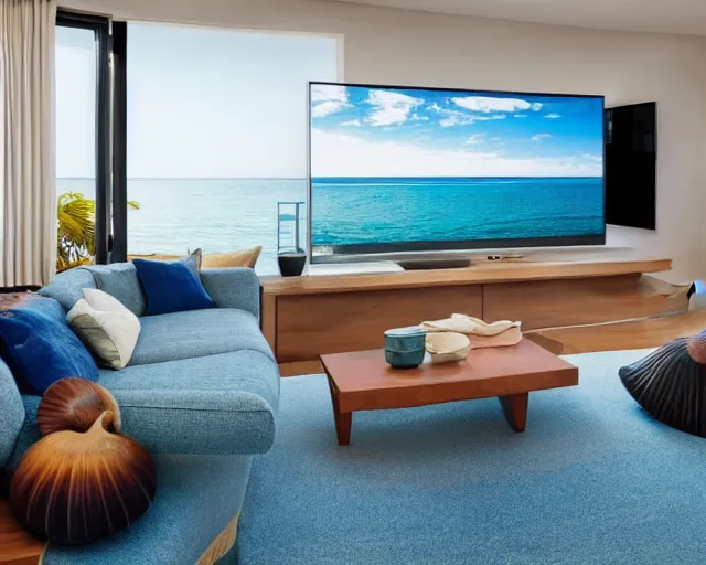 Prompt: A modern living room inspired by the ocean, a luxurious wooden coffee table with large seashells on it, A huge television, amazing detail, 8k resolution, blue color, calm, relaxed style, harmony, wide angle shot