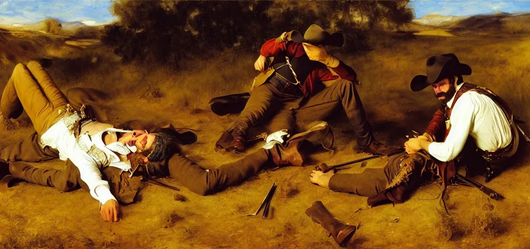 Image similar to a cowboy bleeding out after being shot by eugene von guerard, ivan shishk, rosa bonheurn, john singer sargent, 4 k