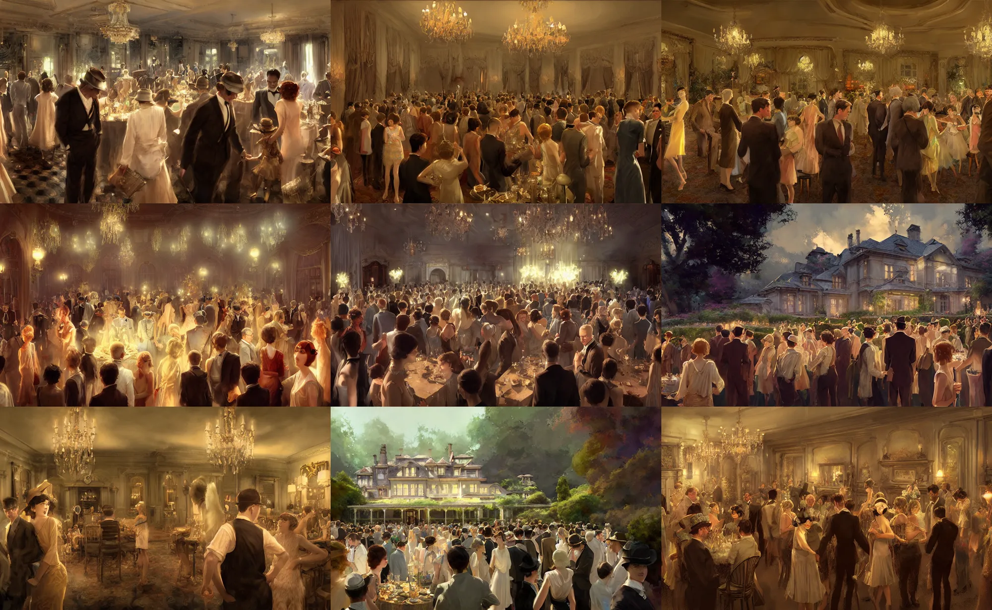 Prompt: craig mullins and ghibli digital and james gurney detailed digital painting of a 1 9 2 0 s grand party in a beautiful mansion, many partygoers, strong contrast, unreal engine, hyper realism, realistic shading, cinematic composition, realistic render, octane render, detailed textures, photorealistic, very wide shot, 3 5 mm film