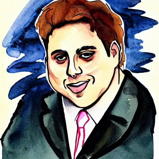 Prompt: jonah hill, stylized. Watercolor and ink. 1990s.