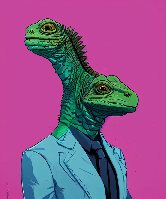 Prompt: a portrait of an anthropomorphic iguana wearing a suit, cyberpunk!, fantasy, elegant, digital painting, artstation, concept art, matte, sharp focus, illustration, art by josan gonzalez