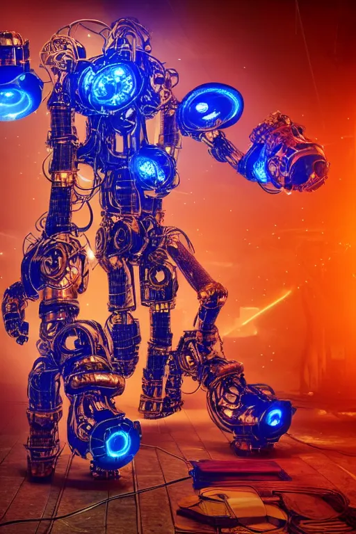 Image similar to portrait photo of a giant huge golden and blue metal humanoid steampunk robot with big gears and tubes in pieces all over the floor, eyes are glowing red lightbulbs, shiny crisp finish, 3 d render, 8 k, insaneley detailed, fluorescent colors, background is multicolored lasershow