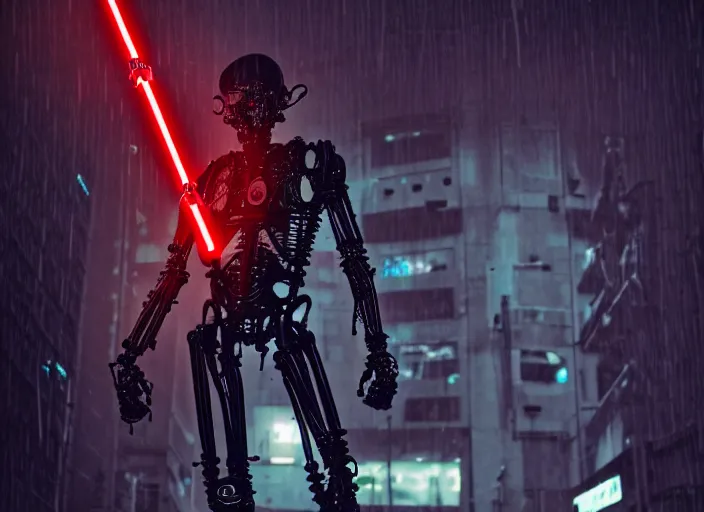 Image similar to 3 5 mm portrait photo of amgry general grievous with heavy duty biomechanical cybernetic body with 4 arms holding 4 activated red lightsabers in the city in the rain. cyberpunk horror style.