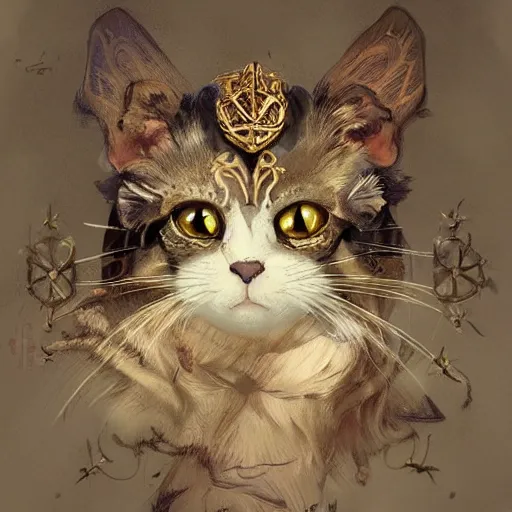 Image similar to A heraldic kitty cat with big cute eyes, D&D, fantasy, intricate, cinematic lighting, highly detailed, digital painting, artstation, concept art, smooth, sharp focus, illustration, art by Akihiko Yoshida, Greg Rutkowski and Alphonse Mucha