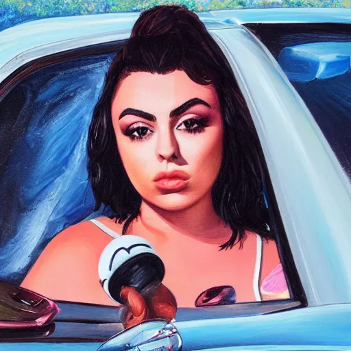 Prompt: charli xcx on the windshield of a car, oil painting, detailed