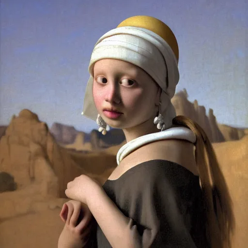 Image similar to a portrait of a beautiful young girl with white long dress crying in a desert by vermeer and line design by michael angelo , baroque, neo Gothic,matte painting, baroque detailes,photo real,concept art,highly detailed,sharp lines, hdri, 4k