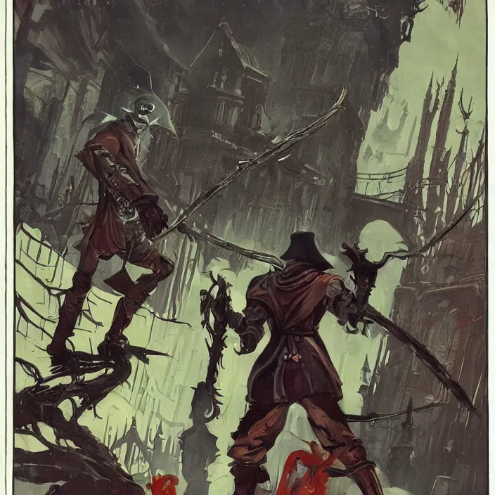 Prompt: a hunter from bloodborne vs robot in yharnam, style by retrofuturism, faded red and yelow, by malcolm smith, old comics in city, nicholas roerich, katinka reinke