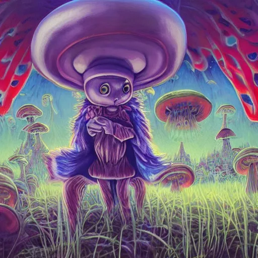 Image similar to 4 k headshot portrait of a psychedelic demonic anthropomorphic bunny rabbit with mushroom themed clothes, magic mushroom village in background by jeff easley, award winning, stylized neon, post - processing, masterpiece, superb resolution. in the art style of junji ito and greg rutkowski. detailed mushroom city in background. hyper realistic anime. perfect art. dalle 2