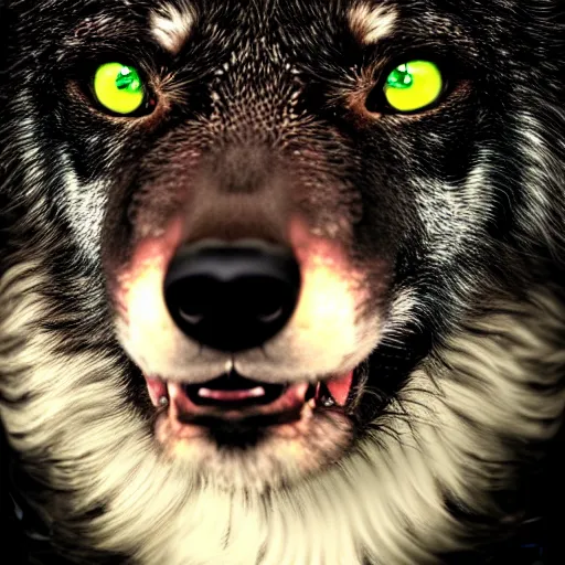 Image similar to beautiful photo of dark black wolf with slightly glowing green eyes, rose in mouth, 4 k, detailed, realistic, front page of art station, studio lighting, rim lighting