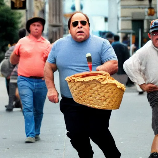 Prompt: Angry Alex Jones chasing after Danny DeVito for stealing his ice cream