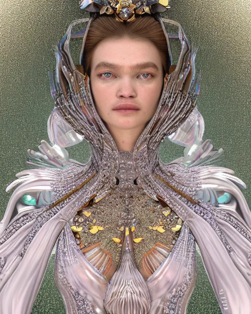 Image similar to a highly detailed metahuman 8 k close up render of natalia vodianova renaissance in iris van herpen dress schiaparelli in diamonds crystals swarovski and jewelry iridescent in style of alphonse mucha gustav klimt trending on artstation made in unreal engine 4