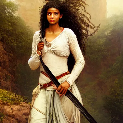 Image similar to artstation concept of a beautiful girl holding a sword in both hands, brown skin, sweaty skin, symmetrical face, casual white garment, brown canyon background, shiny colorful, hyperdetailed, artstation trending, world renowned artists, worth1000.com, historic artworks society, antique renewel, cgsociety, by greg rutkowski, by Gustave Dore, Deviantart