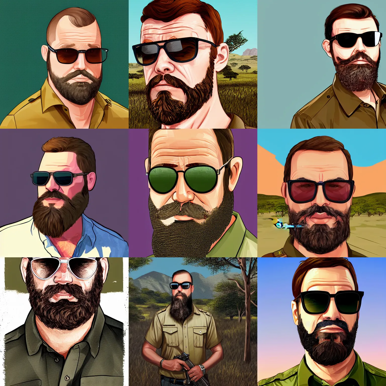 Prompt: afrikaans man with beard wearing sunglasses and khaki shirt, gta v style portrait illustration, bushveld background