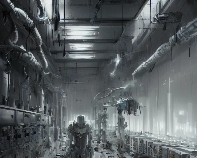 Image similar to gloomy colossal ruined server room in datacenter robot figure automata headless robot knight welder posing pacing fixing soldering mono sharp focus, emitting diodes, smoke, artillery, sparks, racks, system unit, motherboard, by pascal blanche rutkowski artstation hyperrealism painting concept art of detailed character design matte painting, 4 k resolution blade runner