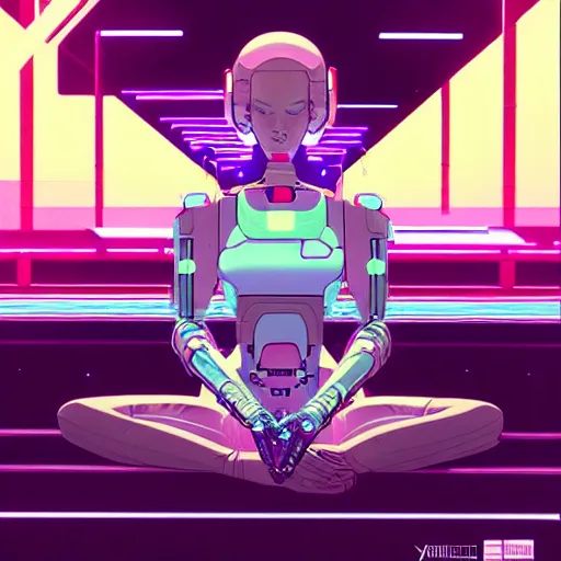 Image similar to a portrait of a beautiful cybernetic woman meditating, cyberpunk concept art by josan gonzales and jean claude meziere and syd mead