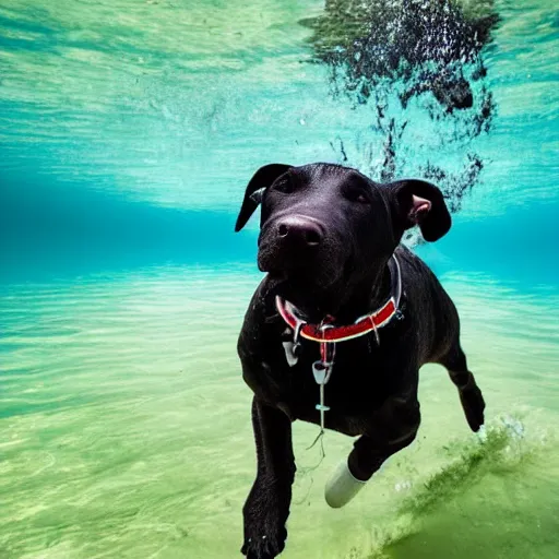 Prompt: a happy black labrabull dog swimming underwater, 8 k, national geographic style