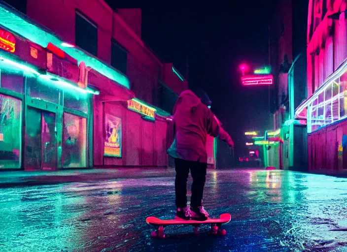 Image similar to a person skateboards through an empty neon town in the rain, colored gel lighting, reflective surfaces, midnight, portra, film grain, reminiscent of blade runner