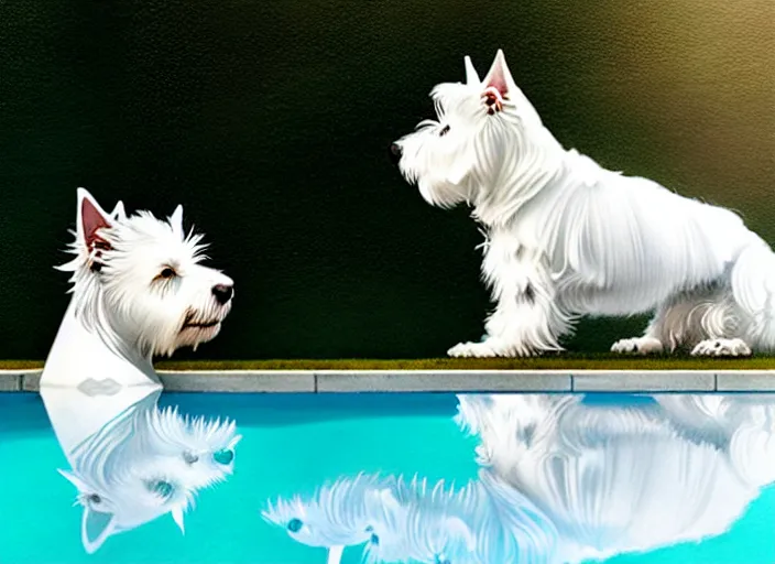 Image similar to west highland white terrier sitting by a pool, bright, reflections, intricate, sharp focus, lens flare, bloom, illustration, highly detailed, digital painting, concept art, matte, art by ruan jia and wlop and greg rutkowski, masterpiece