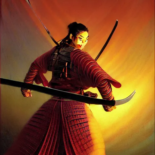 Prompt: cinematic Samurai warrior holding a katana, intricate, full color, Tim Hildebrandt, Wayne Barlowe, Bruce Pennington, donato giancola, larry elmore, maxfield parrish, Moebius, Thomas Ehretsmann, oil on canvas, gouache painting, masterpiece, trending on artstation, cinematic composition, dramatic pose, volumetric lighting, sharp, details, hyper-detailed, HD, 4K, 8K