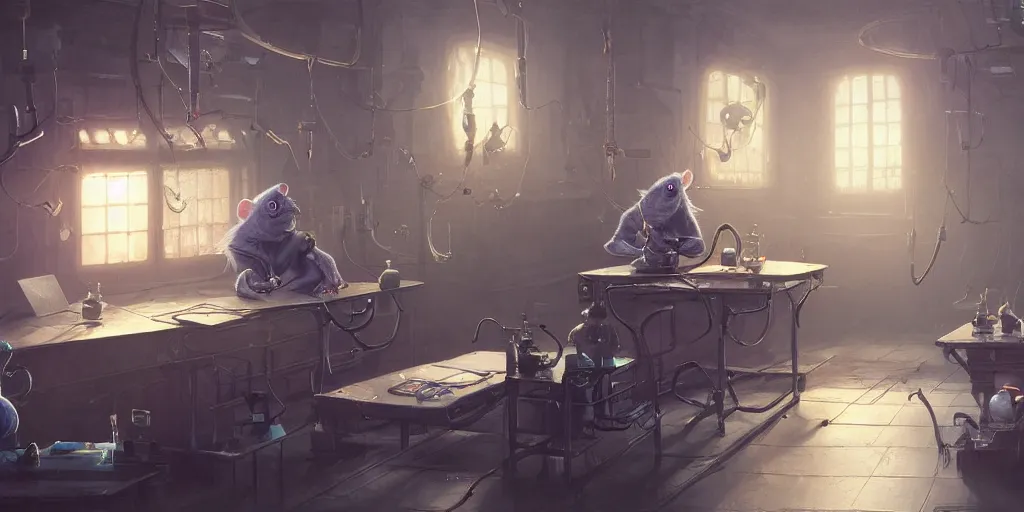 Image similar to humanoid rat in a laboratory sitting at a desk with lots of flasks filled with magic liquids and poisonous fog, stephen bliss, unreal engine, fantasy art by greg rutkowski, loish, rhads, ferdinand knab, ilya kuvshinov, rossdraws, tom bagshaw, global illumination, radiant soft light, detailed and intricate environment