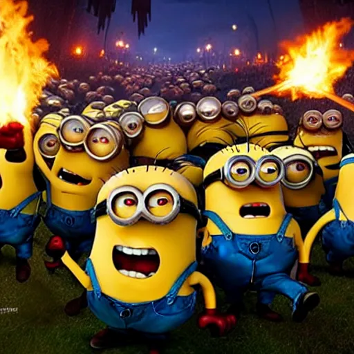 Image similar to POV of a group of minions chasing you and trying to eat you. The minions are carrying torches and pitchforks. The minions are very angry. concept art, sharp lighting, 4k, detailed, Peter Jackson, Ridley Scott, bright colors